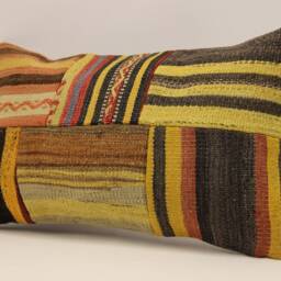 Vintage Turkish Kilim Lumbar Pillow, Boho Patchwork Cushion - 12x20 In - thumbnail 3