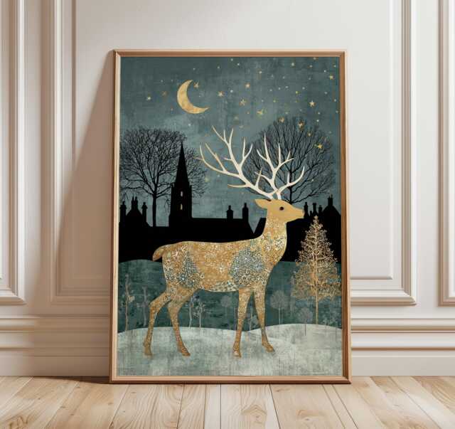 Golden Reindeer Art Print, Enchanted Winter Forest Illustration, Whimsical Christmas Wall Art, Moonlit Woodland Holiday Home Decor - image 1