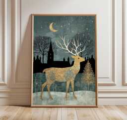 Golden Reindeer Art Print, Enchanted Winter Forest Illustration, Whimsical Christmas Wall Art, Moonlit Woodland Holiday Home Decor - thumbnail 1