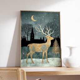 Golden Reindeer Art Print, Enchanted Winter Forest Illustration, Whimsical Christmas Wall Art, Moonlit Woodland Holiday Home Decor - thumbnail 2