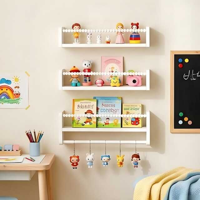 3Pcs Solid Pine Wood Nursery Floating Shelves With Protective Beaded Rail - White - image 1