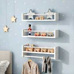 3Pcs Solid Pine Wood Nursery Floating Shelves With Protective Beaded Rail - White - thumbnail 3