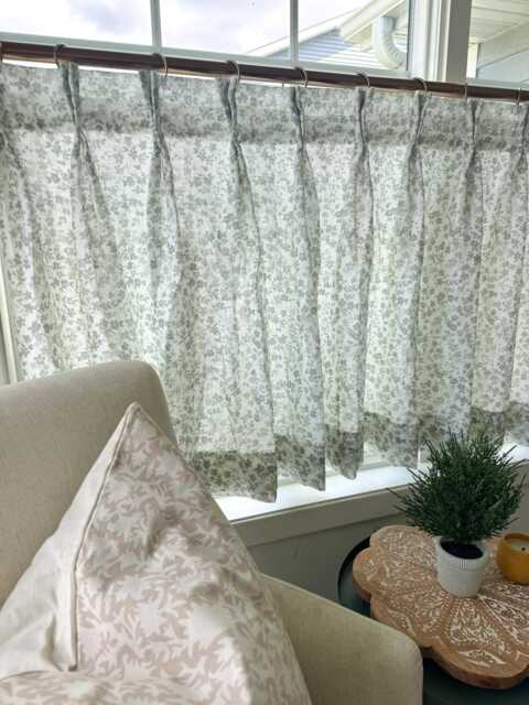 This Fresh Linen Has A Lightweight Weave With An Airy Drape Gray Green Floral Print. Pleated Cafe Curtain Summer Feel - image 1