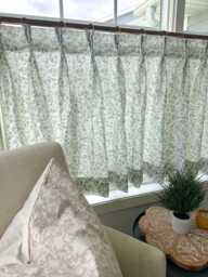 This Fresh Linen Has A Lightweight Weave With An Airy Drape Gray Green Floral Print. Pleated Cafe Curtain Summer Feel - thumbnail 1