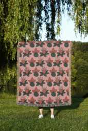 Pink & Orange Tropical Flower Woven Cotton Throw Blankets - thumbnail 1