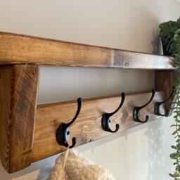 Rustic Entryway Coat Rack Shelf - 10 Black Hooks English Oak Wax Finish - thumbnail 4