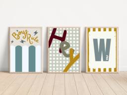 Set Of 3 Boys Rule, Hey & A Personalised Initial Print. Perfect For Nursery, Bedroom Or Playroom - Prints Only - thumbnail 1