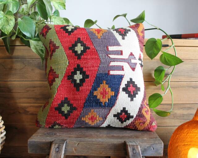 40cm - 16Inch Stunning Kilim Pillow Cover - Antique Slit Weave Nomadic Style Handwoven Rug Cushion Square - image 1