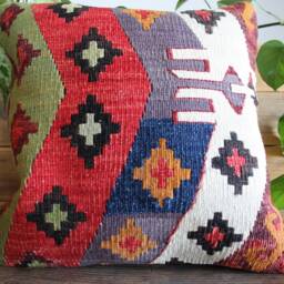 40cm - 16Inch Stunning Kilim Pillow Cover - Antique Slit Weave Nomadic Style Handwoven Rug Cushion Square - thumbnail 2
