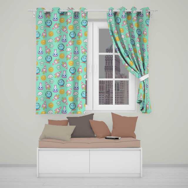 Cute Kawaii Space Rocket Globe Sun Star Learning Seamless Pattern Readymade Eyelet Ring Top Thermal 100% Blackout Curtains - image 1
