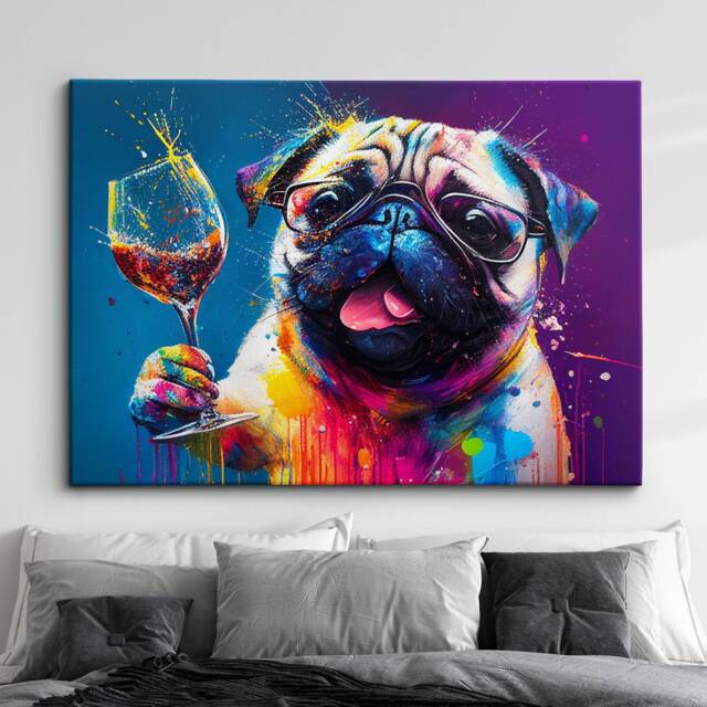 Pug Toasting Drink Glasses Dog Pet Art Abstract Oil Painting Framed Poster Print & Canvas Wall Living Home Decor Interior Gift - image 1