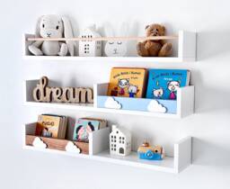 White Floating Nursery Shelves With Rail, Scandinavian Kids Bookshelf - thumbnail 1