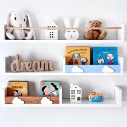 White Floating Nursery Shelves With Rail, Scandinavian Kids Bookshelf - thumbnail 2