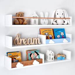 White Floating Nursery Shelves With Rail, Scandinavian Kids Bookshelf - thumbnail 3