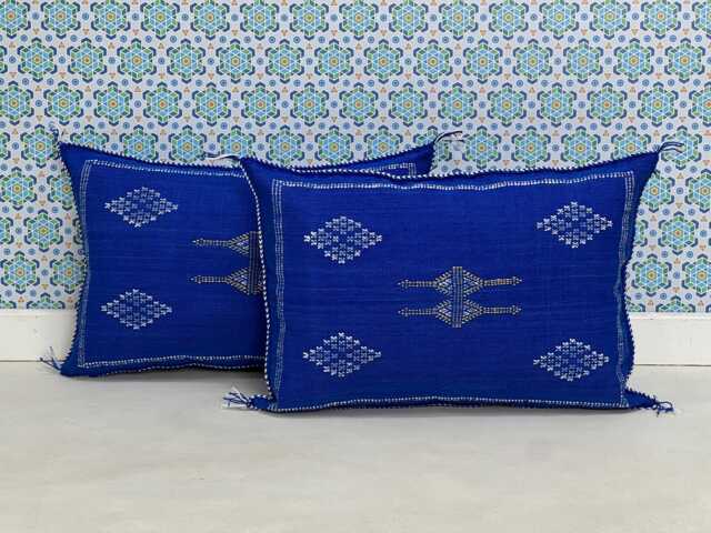 Yakiti-Blue Square Moroccan Pillows, Aka Cactus Silk Pillow, Decorative Pillows, Sabra Pillows, Moroccan Decor Designer Cactus - image 1
