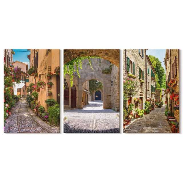 Set Of 3 Canvas Prints - Italian Streets With Flowers & Landscape Architecture, Brown Wall Art, Travels Decor - image 1