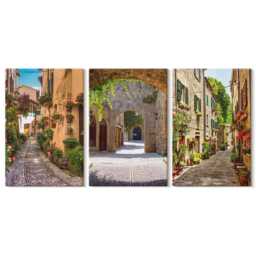 Set Of 3 Canvas Prints - Italian Streets With Flowers & Landscape Architecture, Brown Wall Art, Travels Decor - thumbnail 1