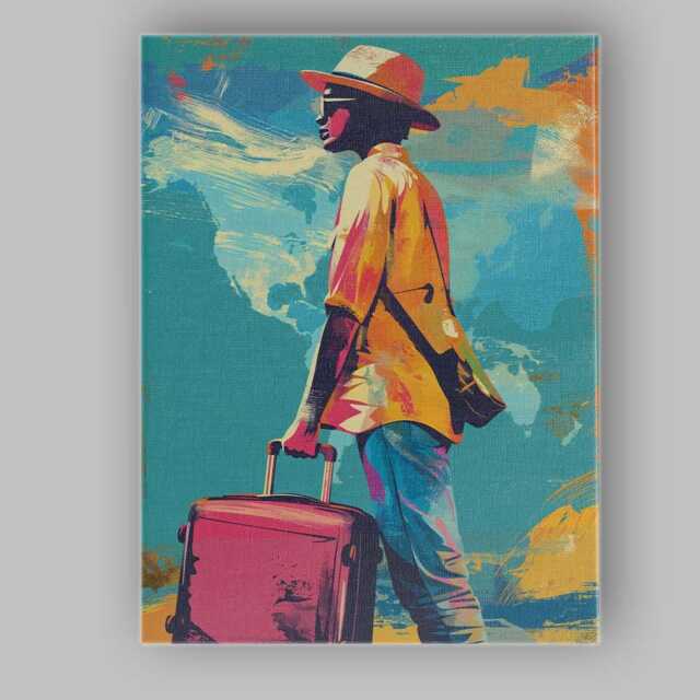 Colourful World Traveller With Suitcase Pop Art Portrait Canvas Wall Print Decor Picture Ready To Hang - image 1