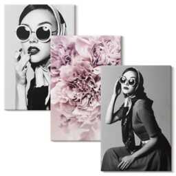 Canvas Wall Art Set Of 3 - Stylish Portraits Women With Pink Flowers, Photo Print, Plants & Flowers Hanging Piece - thumbnail 1