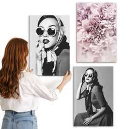 Canvas Wall Art Set Of 3 - Stylish Portraits Women With Pink Flowers, Photo Print, Plants & Flowers Hanging Piece - thumbnail 2