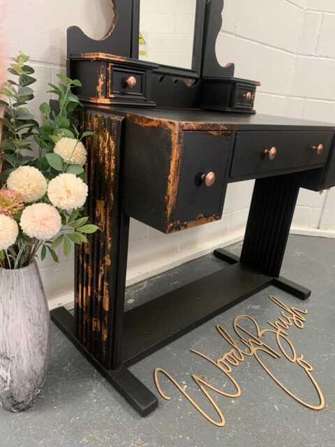 Vintage Old Charm Linenfold Dressing Table With Mirror Restored & Painted Black Copper - image 1