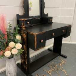 Vintage Old Charm Linenfold Dressing Table With Mirror Restored & Painted Black Copper - thumbnail 3