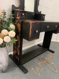 Vintage Old Charm Linenfold Dressing Table With Mirror Restored & Painted Black Copper