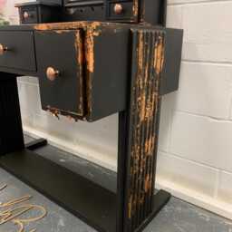 Vintage Old Charm Linenfold Dressing Table With Mirror Restored & Painted Black Copper - thumbnail 2