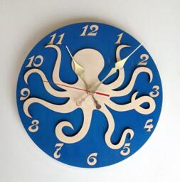 Octopus Wood Wall Clock 11-16 Inch, With Numbers, For Kids Sea Theme Room - thumbnail 1