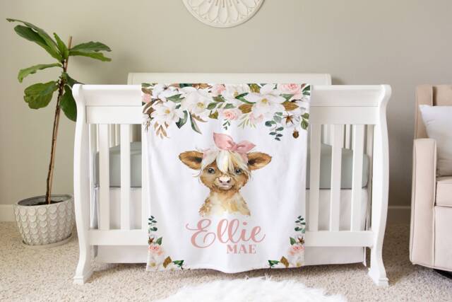 Cow Blanket, Personalized Baby Blanket Gift, Toddler Farm Animal Nursery Decor, Birthday Theme - image 1