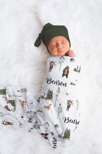 Woodland Personalized Swaddle, Baby Blanket, Custom Name Hospital Shower Gift, Toddler - image 1