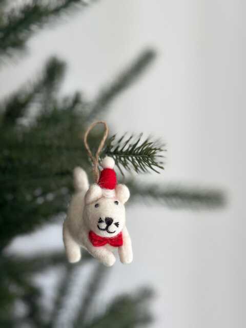 Felt White Cat in Christmas Hat Ornament, Gift For Lovers, Needle Felted Ornaments, Biodegradable Kitty Ornaments