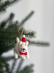Felt White Cat in Christmas Hat Ornament, Gift For Lovers, Needle Felted Ornaments, Biodegradable Kitty Ornaments