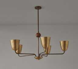 1950S Mid-Century Modern Full Brass Chandelier - Mid Century Elikei 5-Light Pendant Stilnovo Ceiling Fixture - thumbnail 1
