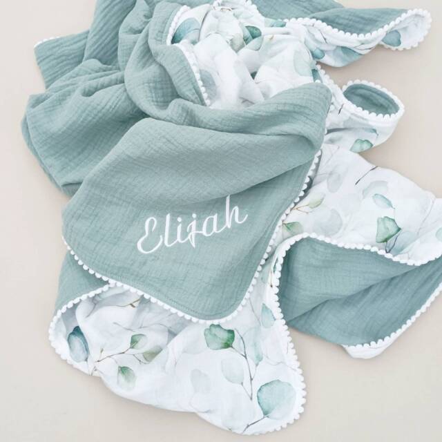 Personalised Leaves Baby Blanket, Muslin Swaddle Blanket Gift Set For Boy/Girl, Handmade Soft Organic Cotton, Newborn Gift, Toddler - image 1