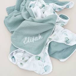 Personalised Leaves Baby Blanket, Muslin Swaddle Blanket Gift Set For Boy/Girl, Handmade Soft Organic Cotton, Newborn Gift, Toddler - thumbnail 1