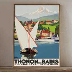 Vintage Thonon Les Bains Travel Poster Print, Lake Geneva Alpine Wall Art Decor - thumbnail 2