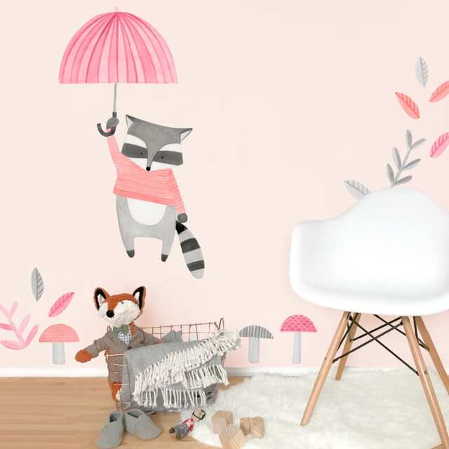 Floating Raccoon - Fabric Wall Decal Woodland Pink Collection Mej - image 1