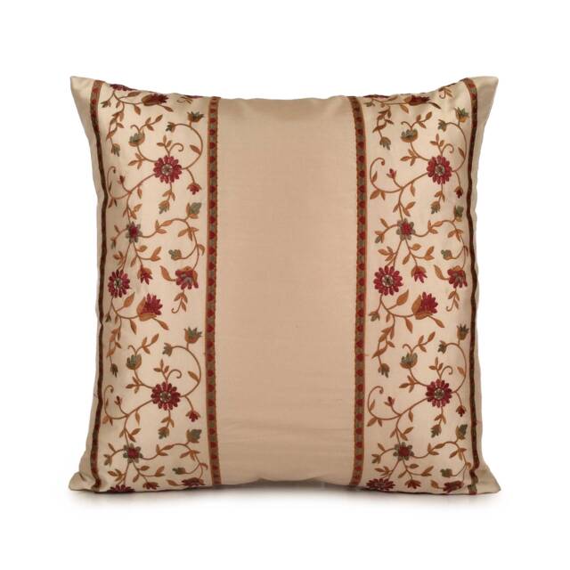 Cream Ivory Pillow Cover With Gold, Red, Olive Green Embroidery, Decorative Throw Cover, Cushion Accent Pillow, Silk - image 1