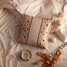 Cream Ivory Pillow Cover With Gold, Red, Olive Green Embroidery, Decorative Throw Cover, Cushion Accent Pillow, Silk - thumbnail 3