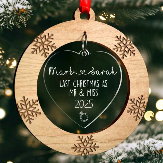 Personalised Our Last Christmas As Mr & Miss Decoration, Gifts For Fiance, Engagement, Engaged Couple, Engagement With Red Bag - image 1