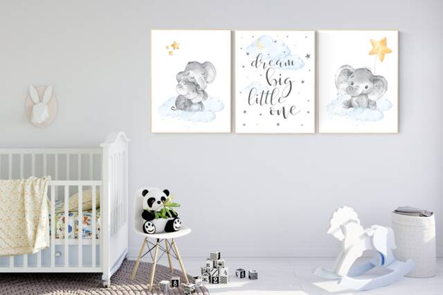 Elephant Nursery Art Print Moon, Stars, Balloon, Gender Neutral Decor - image 1