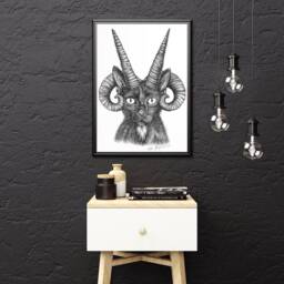 Demon Cat Print, Hebridean Sheep Kitty Wall Art, Demonic Animal Matte Poster Occult Black Cat Hanging Satanic Horned Kitten Goth Decor - thumbnail 3
