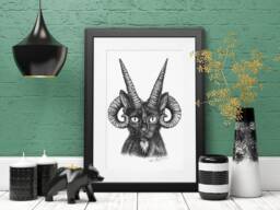 Demon Cat Print, Hebridean Sheep Kitty Wall Art, Demonic Animal Matte Poster Occult Black Cat Hanging Satanic Horned Kitten Goth Decor - thumbnail 1
