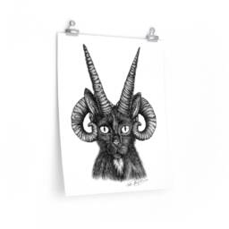Demon Cat Print, Hebridean Sheep Kitty Wall Art, Demonic Animal Matte Poster Occult Black Cat Hanging Satanic Horned Kitten Goth Decor - thumbnail 2