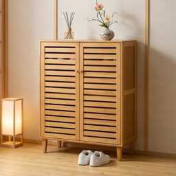Bamboo Shoe Cabinet Storage, Ventilated Doors, Entryway Hallway Organizer