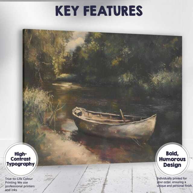 Rustic Woodland River Boat Tranquil Nature Painting Canvas Wall Art Print Decor Picture Ready To Hang - image 1