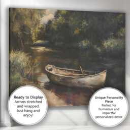 Rustic Woodland River Boat Tranquil Nature Painting Canvas Wall Art Print Decor Picture Ready To Hang - thumbnail 3