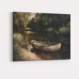 Rustic Woodland River Boat Tranquil Nature Painting Canvas Wall Art Print Decor Picture Ready To Hang - thumbnail 4