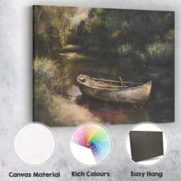 Rustic Woodland River Boat Tranquil Nature Painting Canvas Wall Art Print Decor Picture Ready To Hang - thumbnail 2